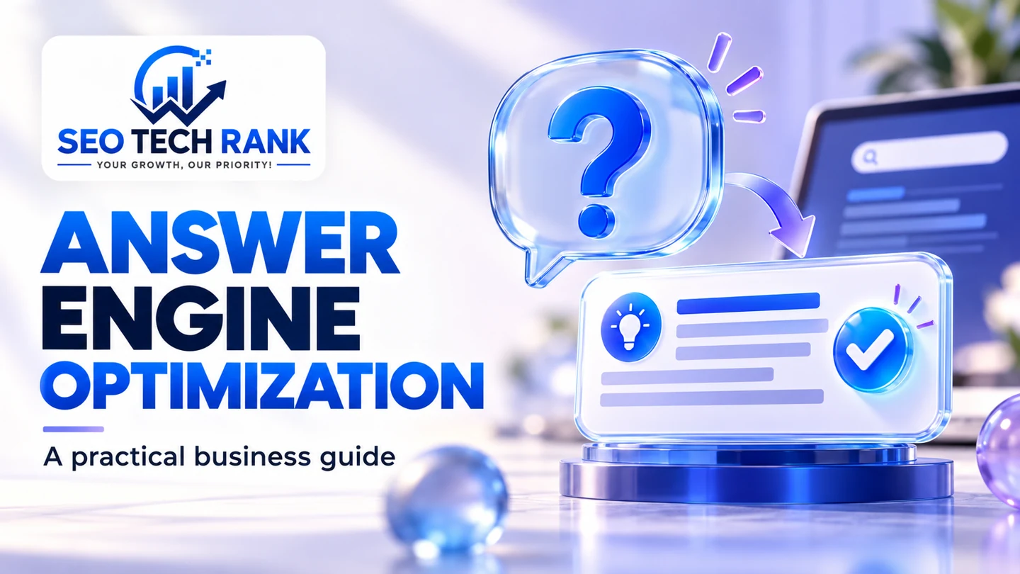 SEO Tech Rank branded illustration introducing Answer Engine Optimization for business owners.