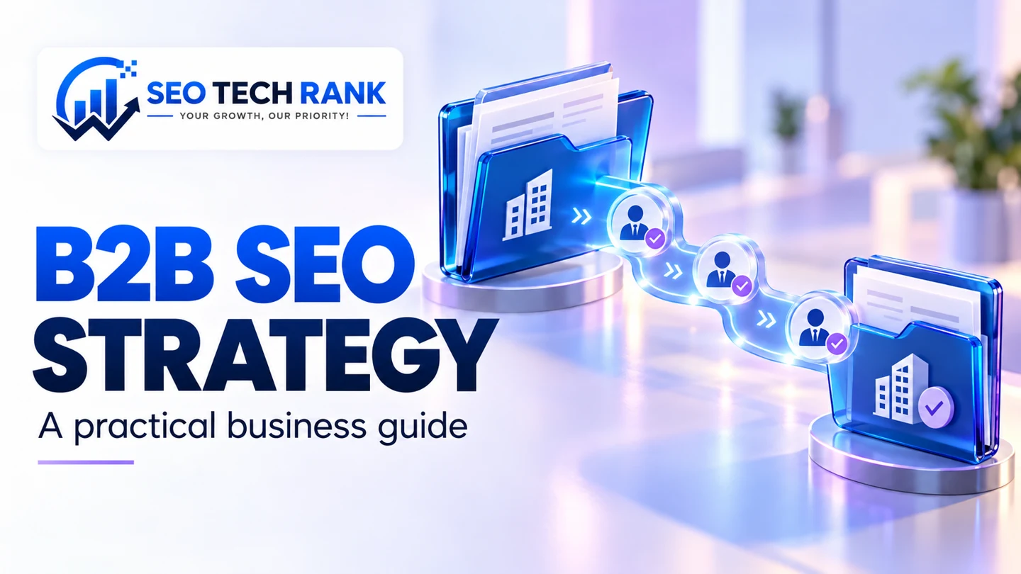 SEO Tech Rank branded illustration introducing B2B SEO strategy for business owners.