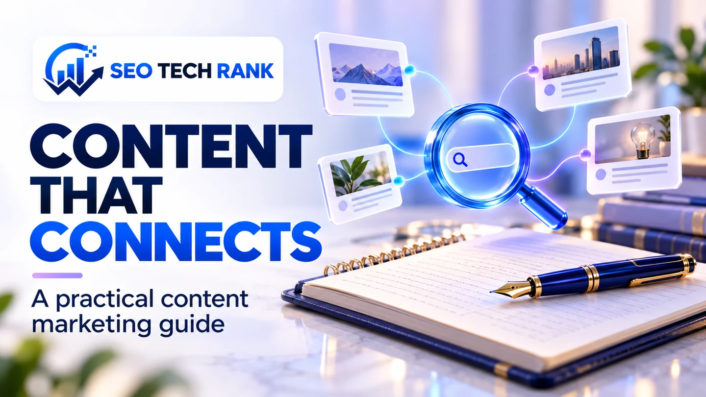 SEO Tech Rank branded illustration for content that connects: editorial notebook, elegant fountain pen and floating article cards connected to a search lens.