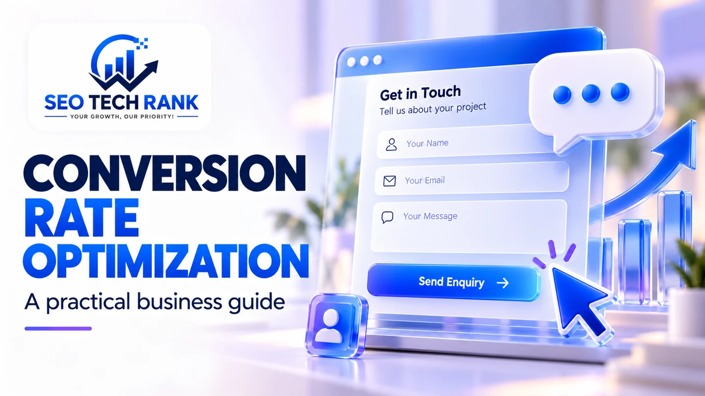SEO Tech Rank branded illustration introducing conversion rate optimization for business owners.