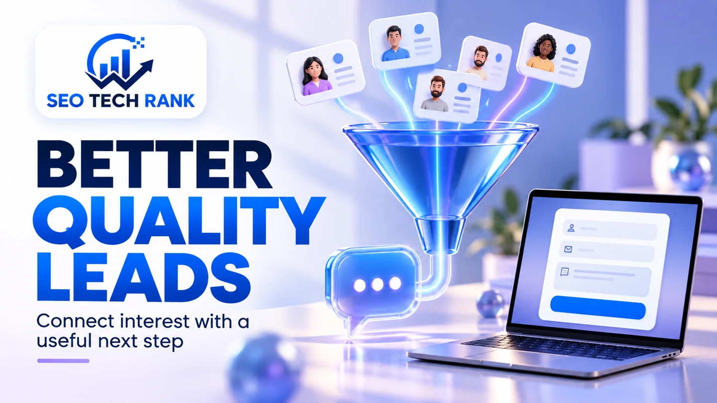 SEO Tech Rank branded illustration for better quality leads: elegant funnel connecting diverse contact cards to a conversation bubble, sleek laptop with a generic enquiry form.