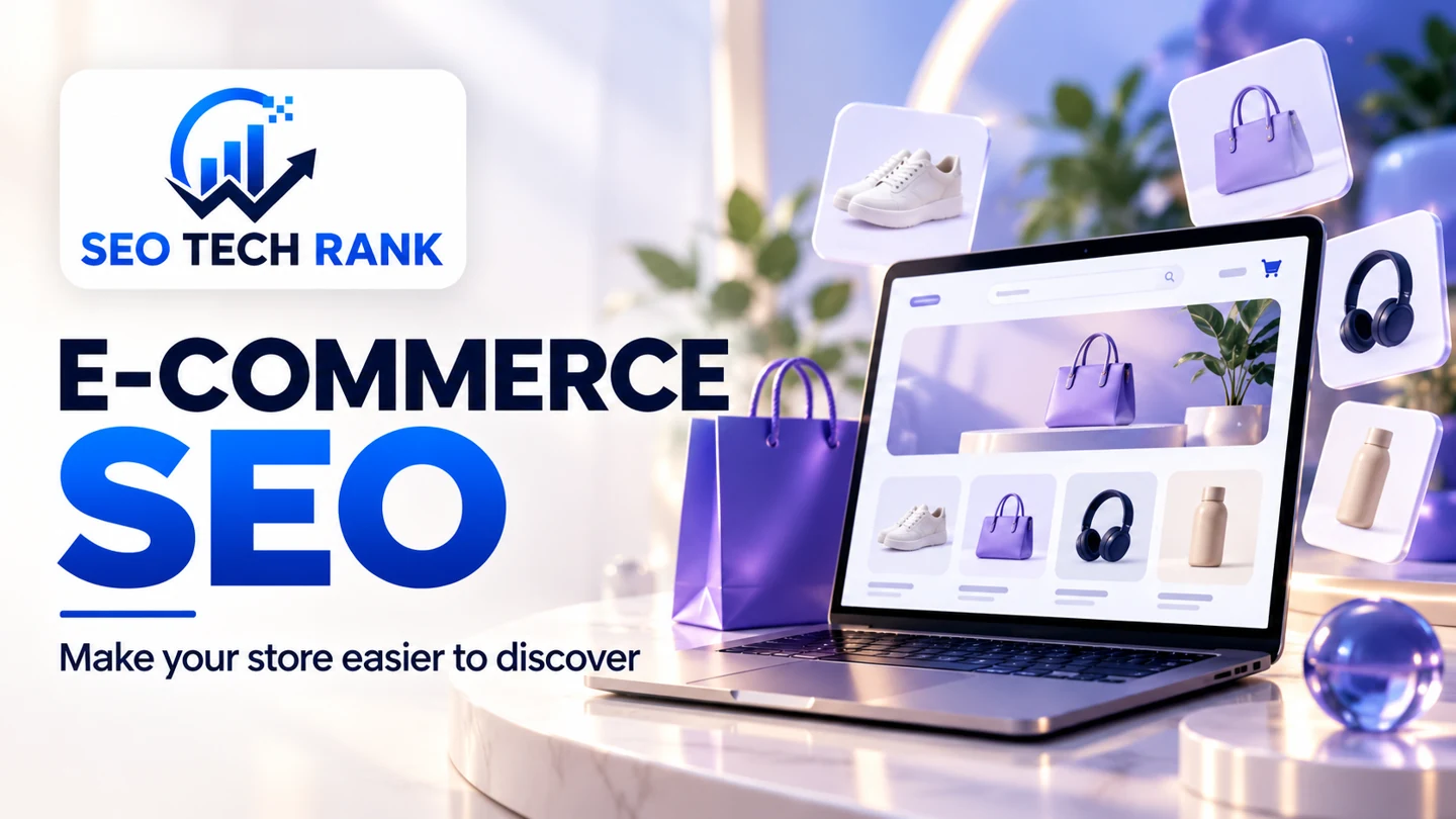 SEO Tech Rank branded illustration for e-commerce seo: stylish online shopping storefront on laptop with violet shopping bag and floating product cards, no prices.