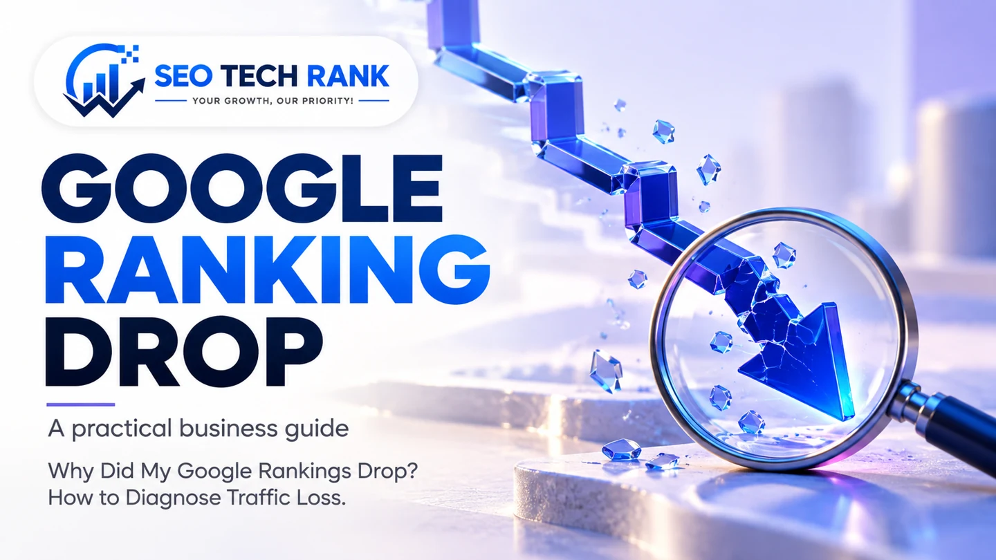 SEO Tech Rank branded illustration introducing Google ranking drop for business owners.