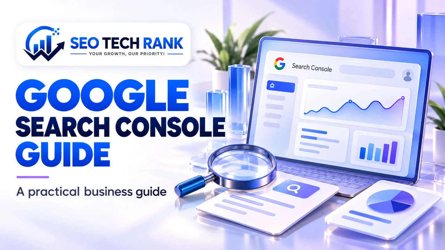 SEO Tech Rank branded illustration introducing Google Search Console guide for business owners.