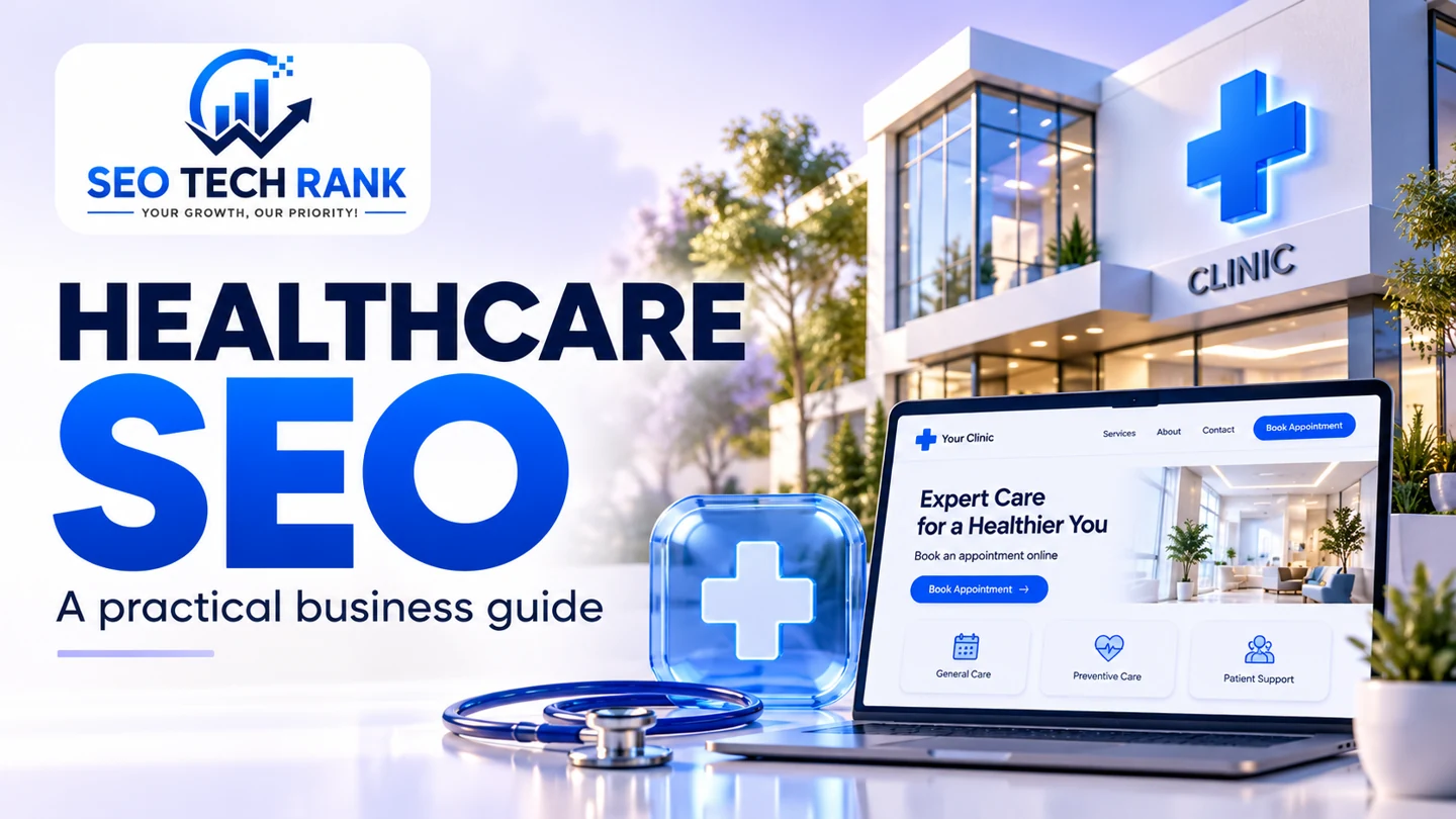 SEO Tech Rank branded illustration introducing healthcare SEO for business owners.