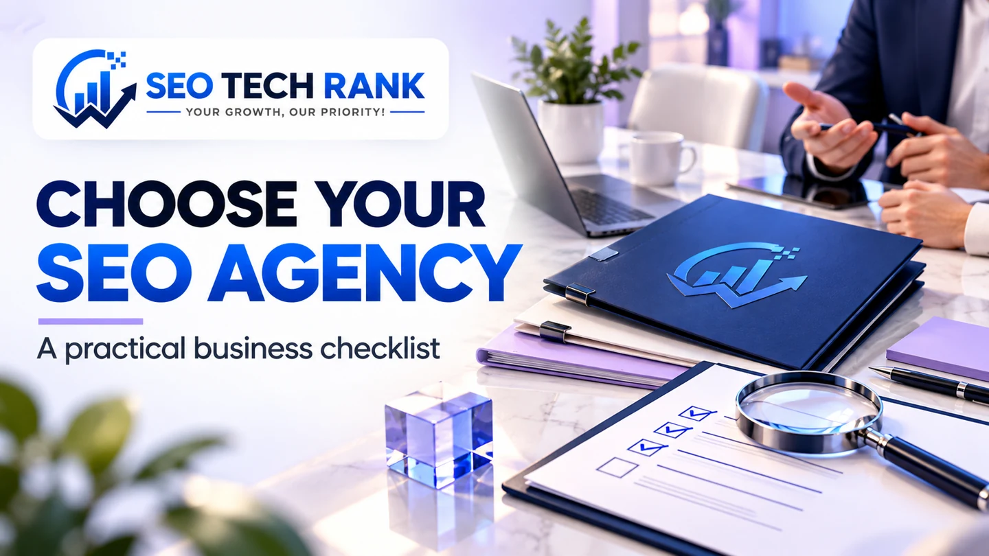 SEO Tech Rank branded illustration for choose your seo agency: refined desk with proposal folders, magnifying lens and selection checklist, collaboration symbols, premium consultant aesthetic.