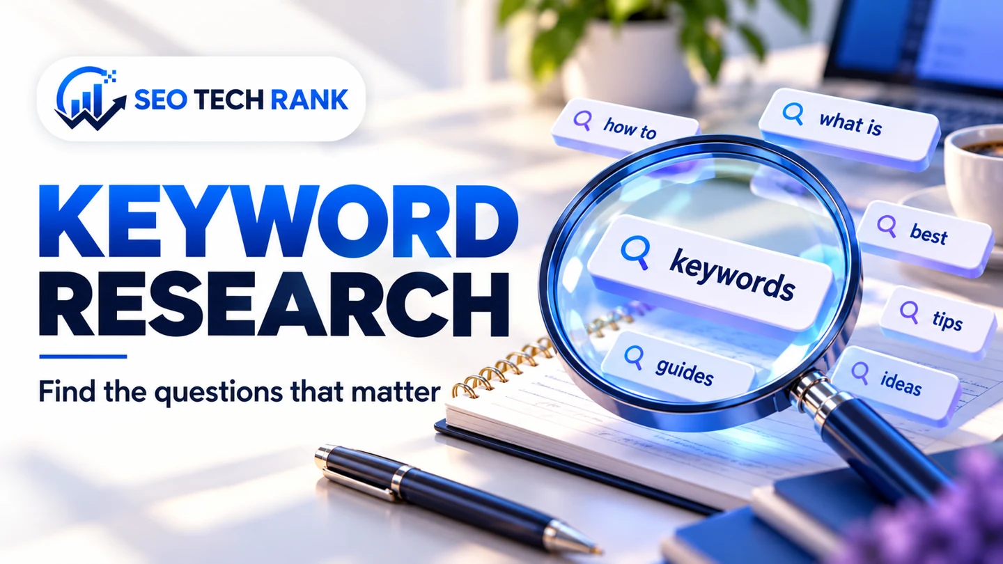 SEO Tech Rank branded illustration for keyword research: oversized blue glass magnifying lens over floating keyword tiles and a notebook; research desk.