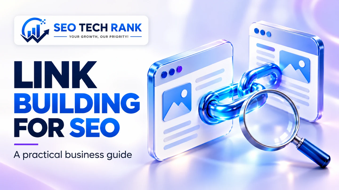 SEO Tech Rank branded illustration introducing link building for SEO for business owners.