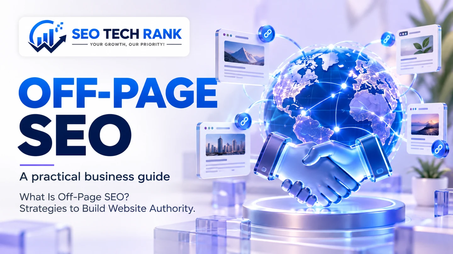 SEO Tech Rank branded illustration introducing off-page SEO for business owners.