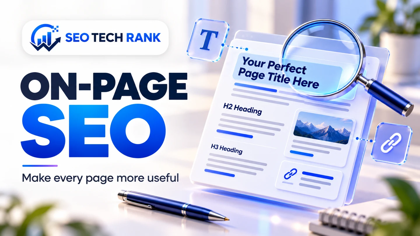 SEO Tech Rank branded illustration for on-page seo: close-up floating webpage with highlighted title, headings and linked content blocks, stylish pen and magnifying lens.
