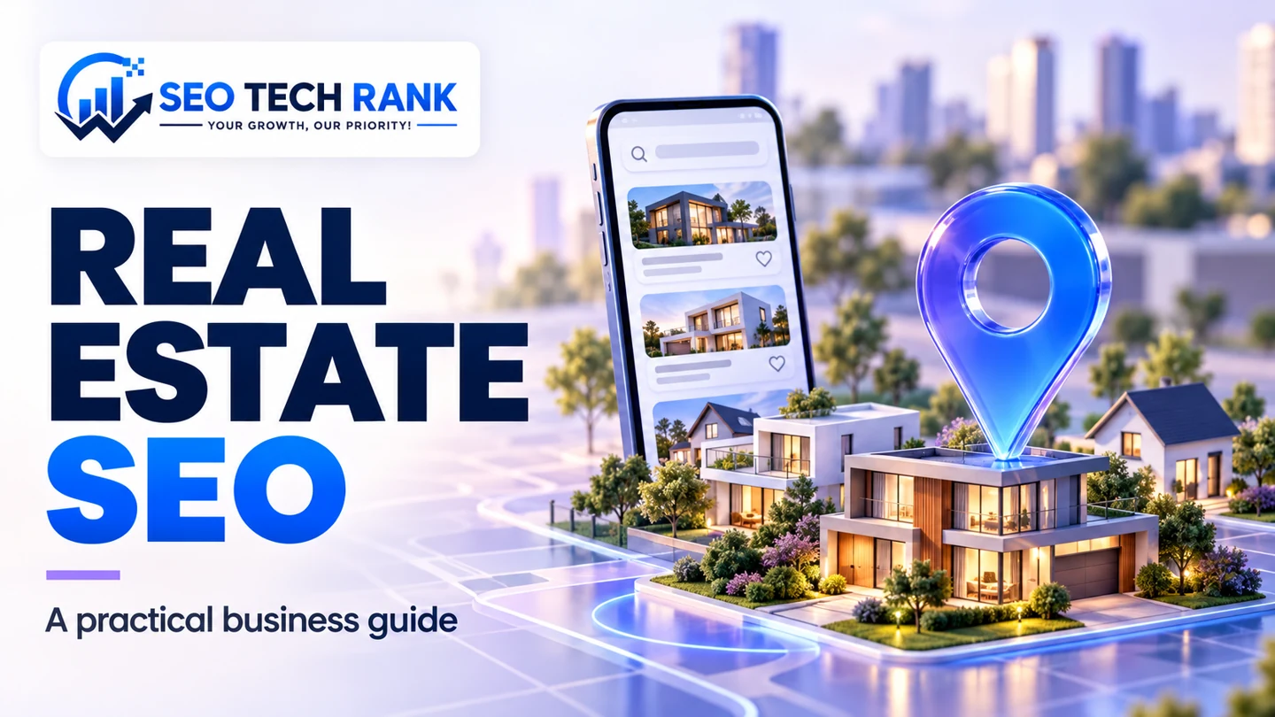 SEO Tech Rank branded illustration introducing real estate SEO for business owners.