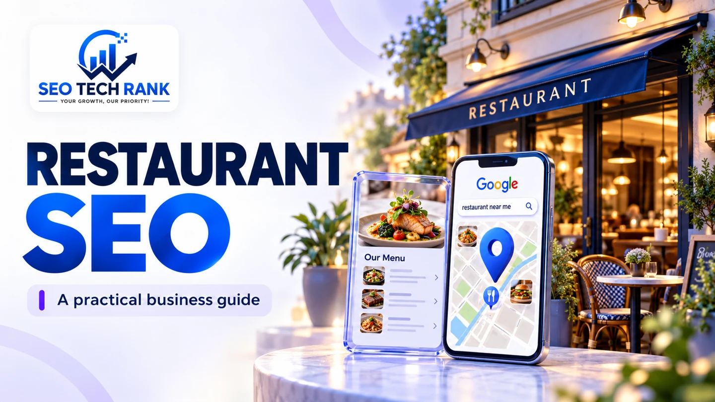 SEO Tech Rank branded illustration introducing restaurant SEO for business owners.