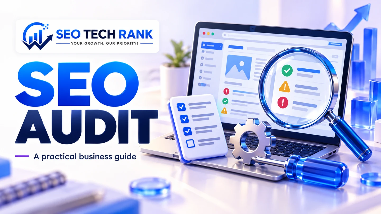 SEO Tech Rank branded illustration introducing SEO audit for business owners.