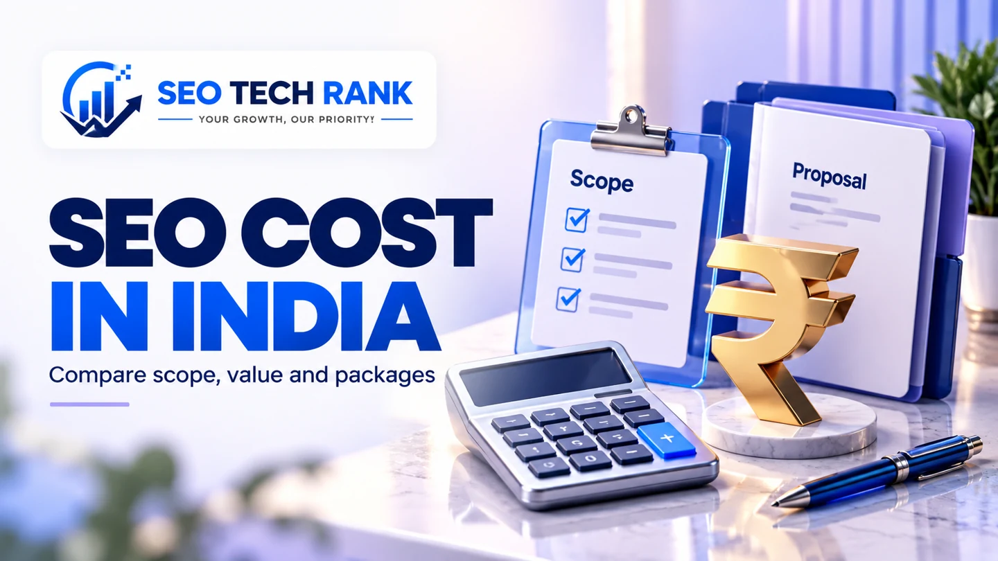 SEO Tech Rank branded illustration for seo cost in india: polished calculator with blank simple keys, scope checklist, proposal folders and Indian rupee symbol as sculptural object, no rates.