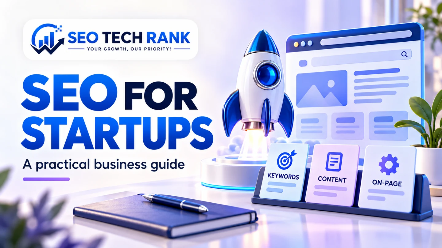 SEO Tech Rank branded illustration introducing SEO for startups for business owners.