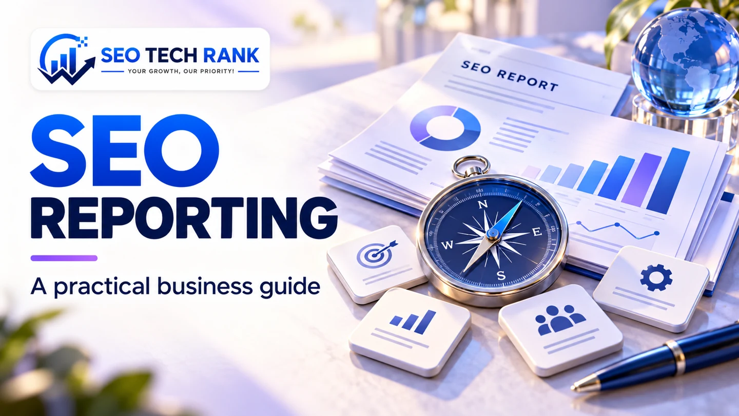SEO Tech Rank branded illustration introducing SEO reporting for business owners.
