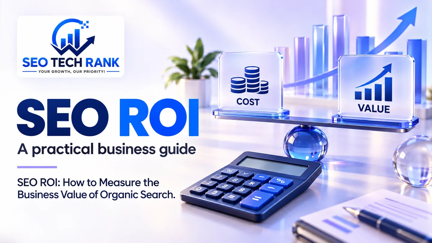 SEO Tech Rank branded illustration introducing SEO ROI for business owners.