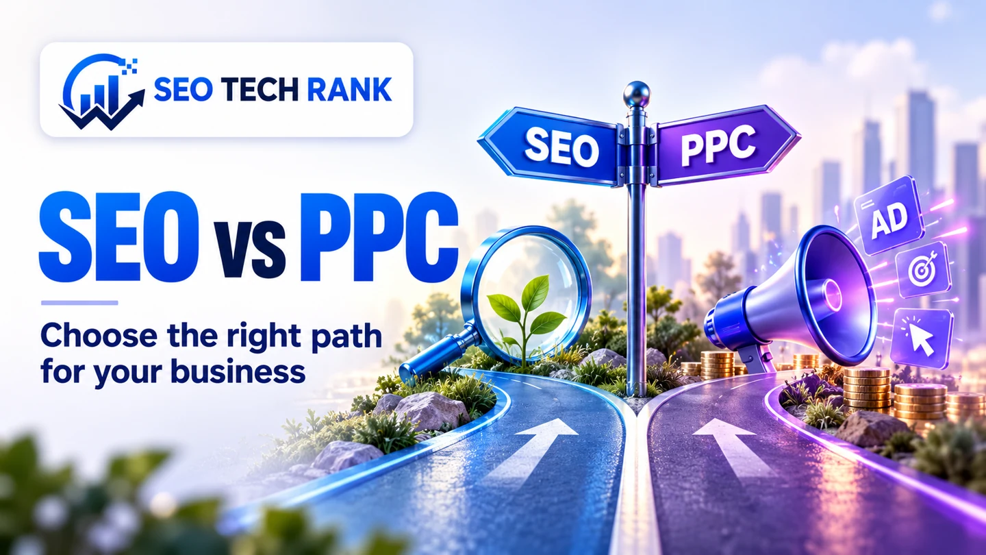 SEO Tech Rank branded illustration for seo vs ppc: balanced two-sided composition, organic search lens on one side and paid campaign megaphone on the other, central branching path.