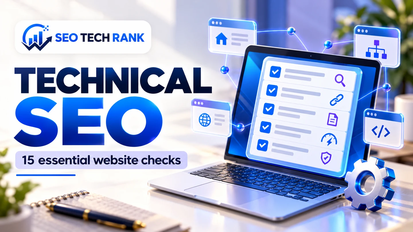 SEO Tech Rank branded illustration for technical seo: isometric laptop with polished checklist cards, connected website nodes and a small maintenance gear.