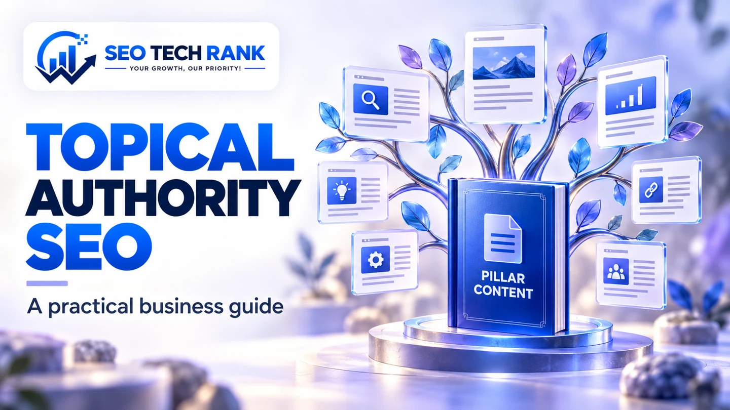 SEO Tech Rank branded illustration introducing topical authority SEO for business owners.