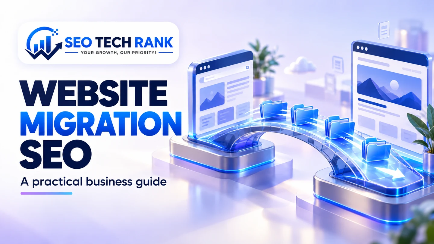 SEO Tech Rank branded illustration introducing website migration SEO for business owners.