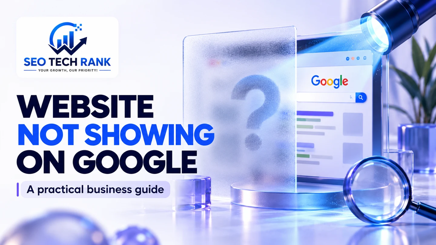 SEO Tech Rank branded illustration introducing website not showing on Google for business owners.