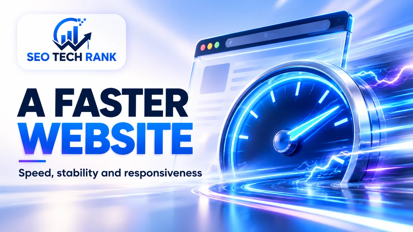 SEO Tech Rank branded illustration for a faster website: dynamic electric blue speedometer without numeric dial, sleek browser window, subtle motion trails and lightning detail.