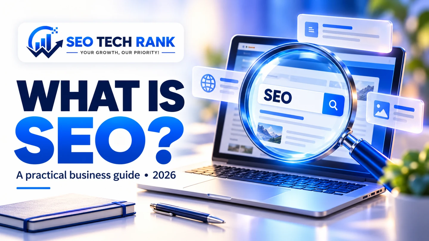 SEO Tech Rank branded illustration for what is seo?: a blue glass magnifying lens and laptop.