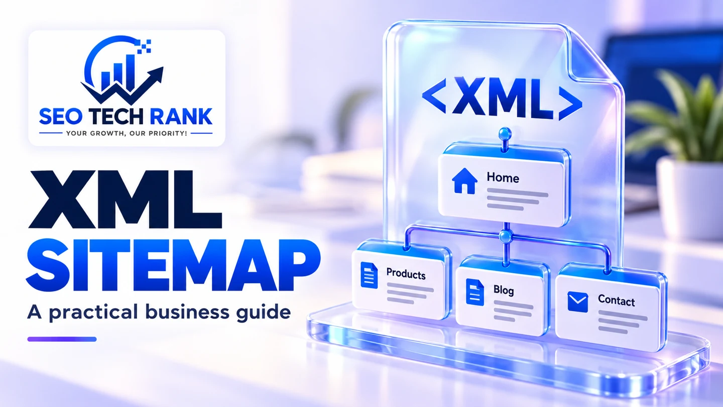 SEO Tech Rank branded illustration introducing XML sitemap for business owners.