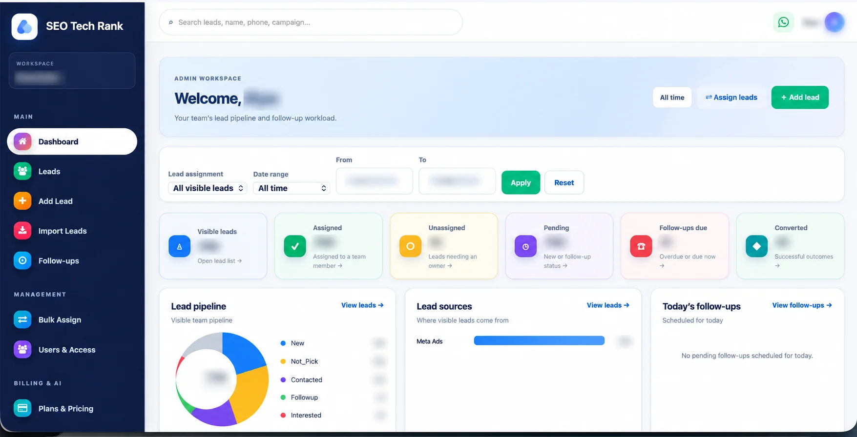 SEO Tech Rank CRM dashboard preview with client and user identities, dates, and lead metrics blurred for privacy